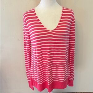 Gap hot pink white striped V neck long sleeve sweater Size M EUC